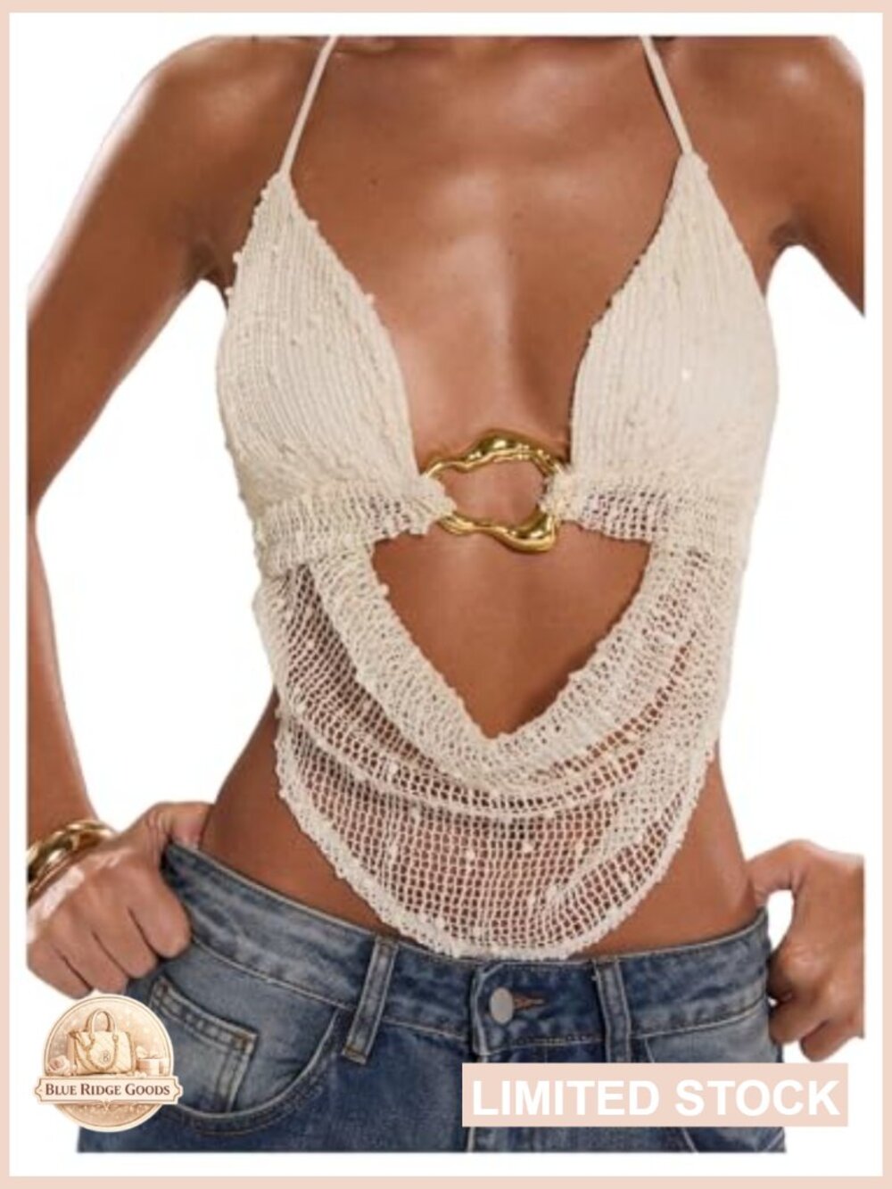 Crochet Halter Tank Top Backless Draped Front Festival Going Out Tops Y2K Rave - Picture 4 of 5